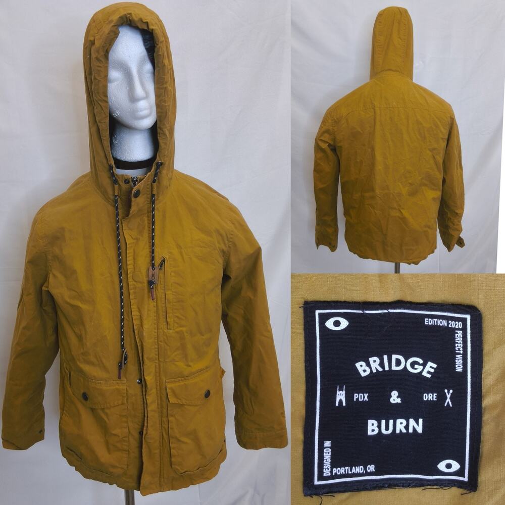 Bridge & Burn Rain Jacket Men's M Yellow Hooded Lined 100% Waxed Cotton #W5207